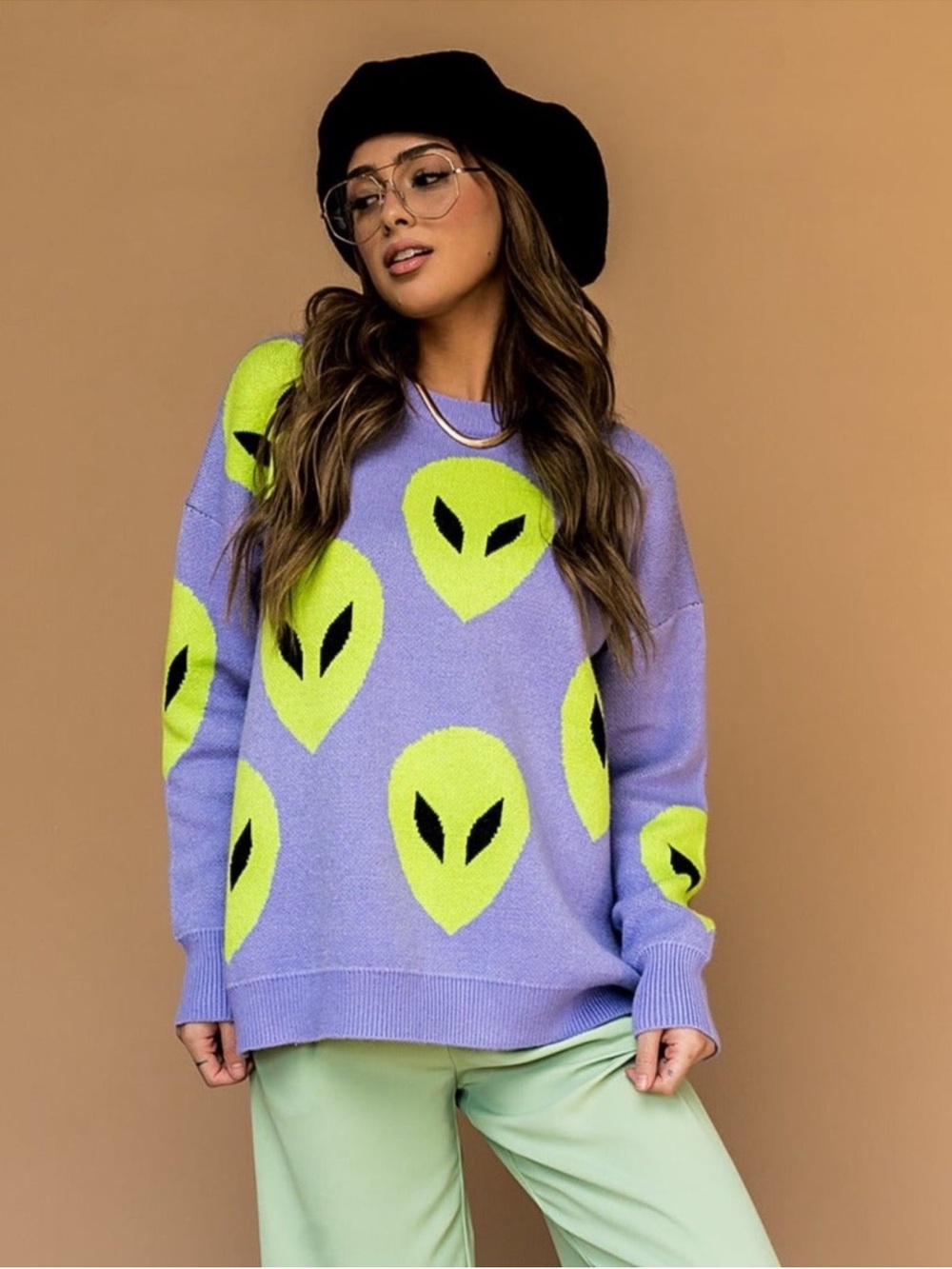Dressed in LALA Too Cool For You Oversized Alien Knit in Lavender - L/XL